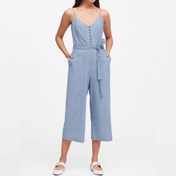 Chambray Banana Republic Button Front Tie-Waist Cropped Jumpsuit (NWT) - Picture 1 of 4